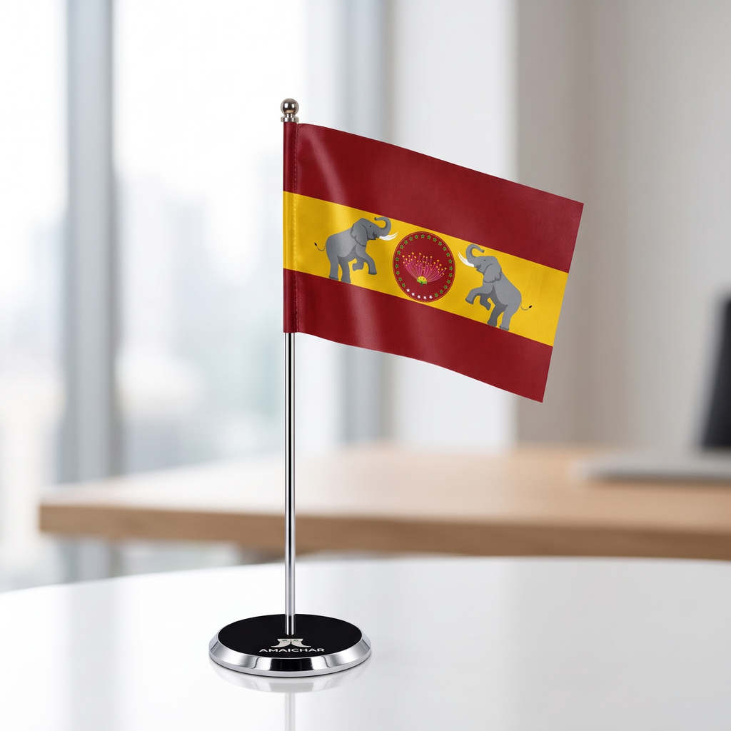 Premium Chrome TVK (Tamilaga Vettri Kazhagam) Table Flag Stand - Miniature Desktop Party Flag