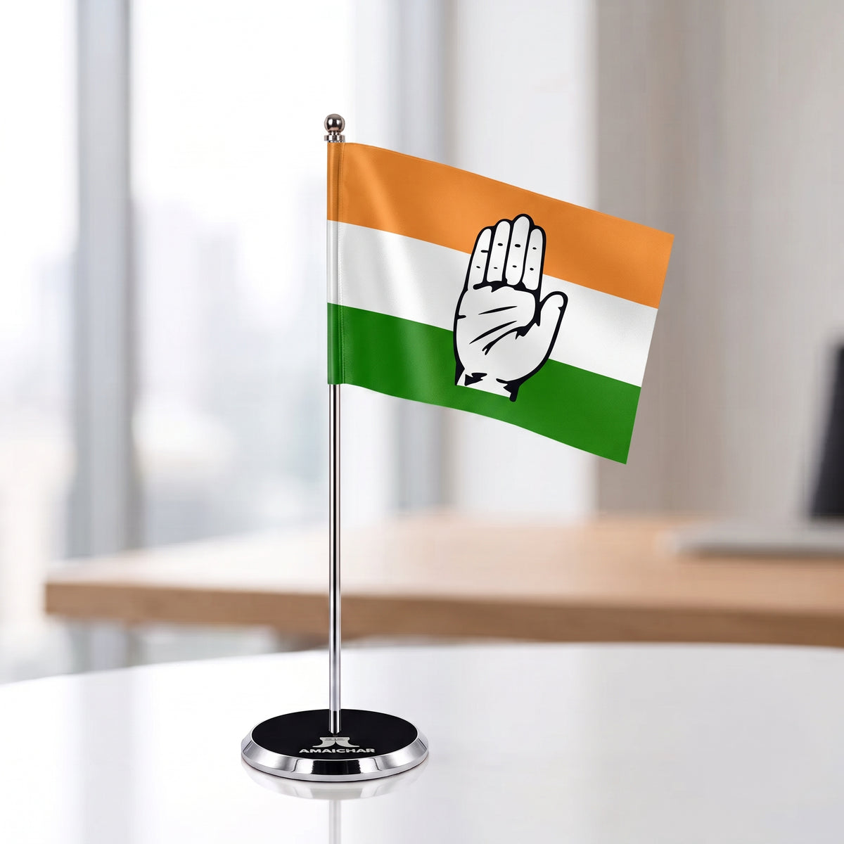 Premium Chrome Indian National Congress Table Flag Stand - Miniature Desktop Party Flag