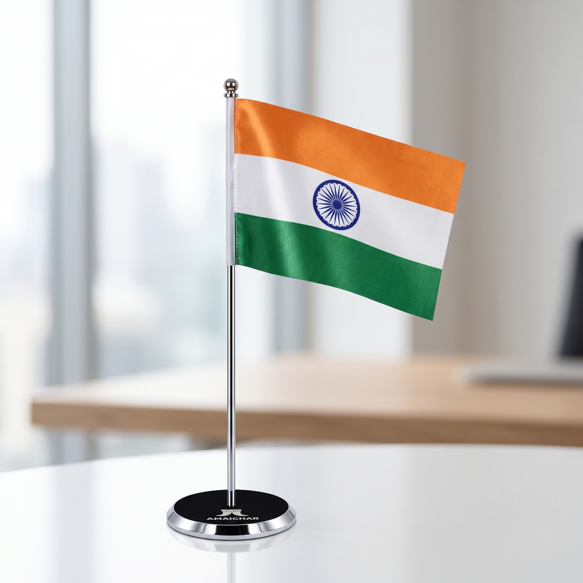 Premium Chrome Indian Table Flag Stand with weighted Base - Miniature Desktop Tiranga
